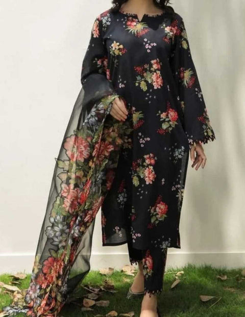 Digital Printed 3 Piece Swiss Lawn Suit with Organza Dupatta – Collection 02