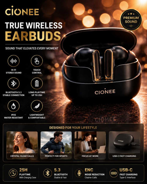 GIONEE True Wireless Earbuds – Bluetooth 5.3 ENC Hi-Fi Stereo Earbuds with USB-C Charging